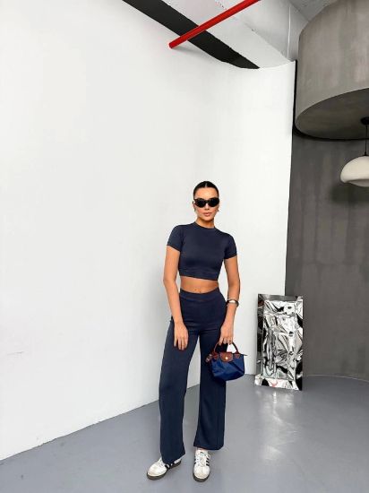 Osy Modal Yumuşak Dokulu Kumaş Kısa Kollu Crop Alt Ispanyol Paça Pantalon Ikili Takım - Füme resmi